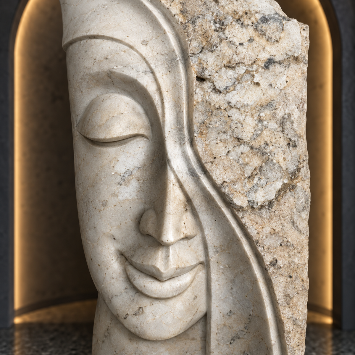 Buddha face relief panel in Banswara white marble, 40 inch