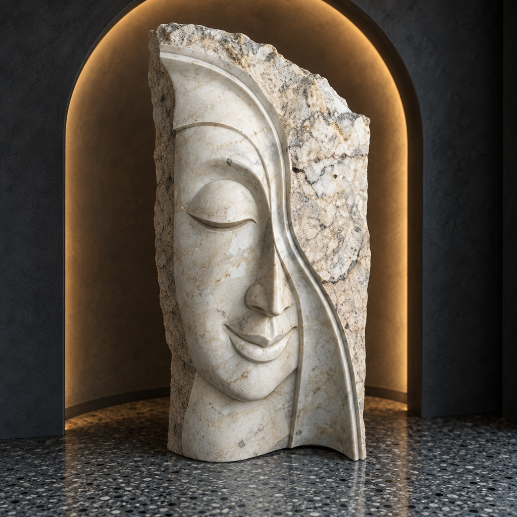 Half-polished, half-raw marble Buddha sculpture detail