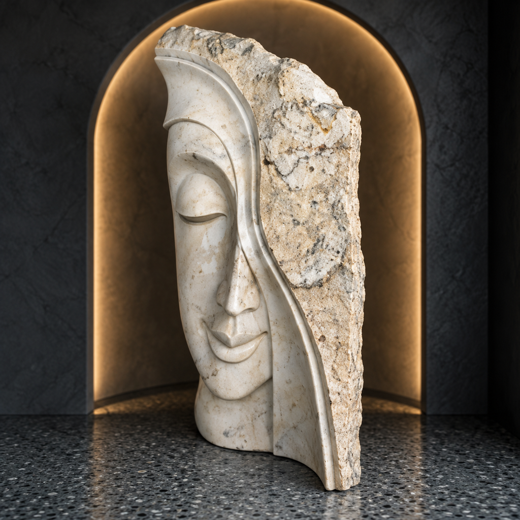 Buddha marble relief panel styled in a lit niche