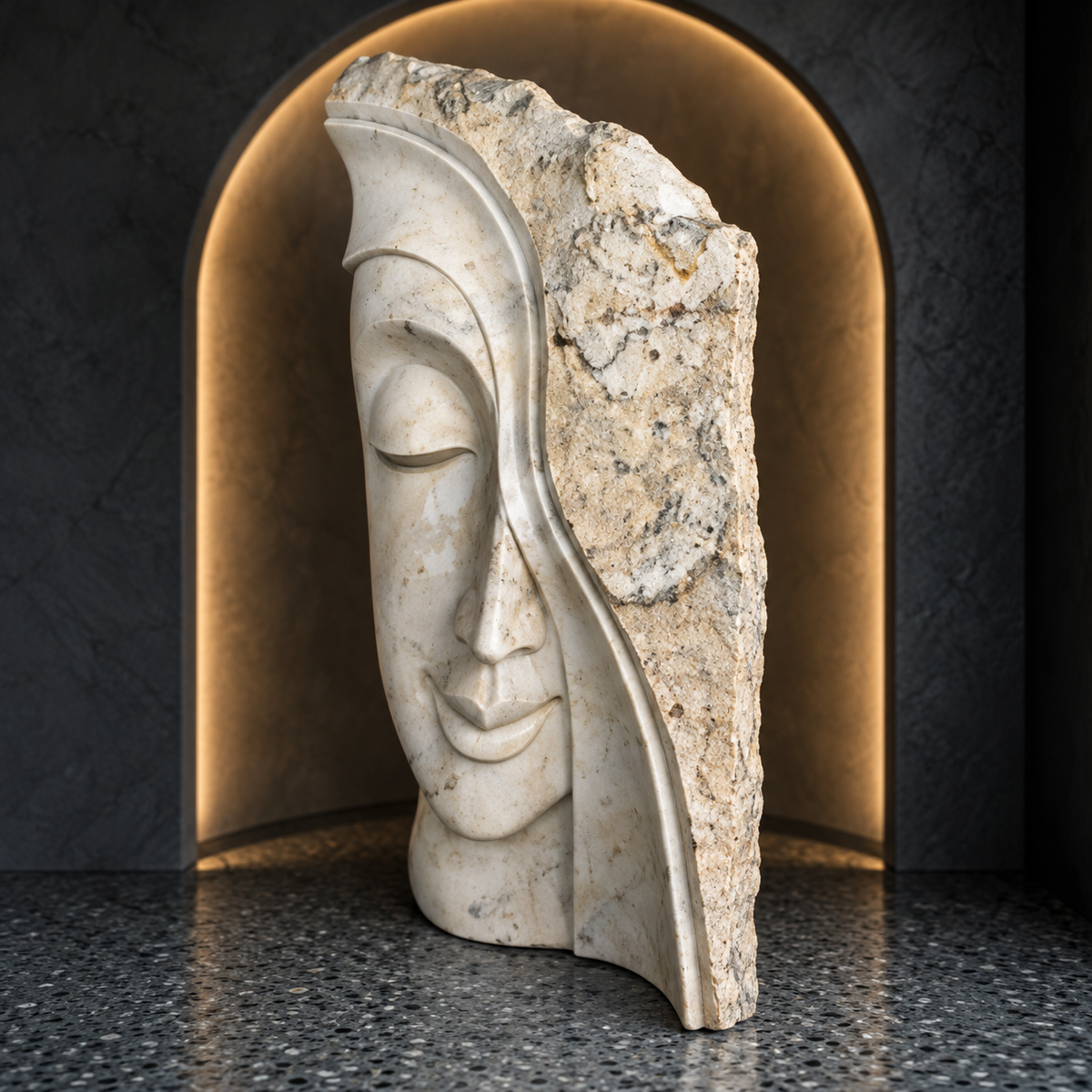 Buddha marble relief panel styled in a lit niche