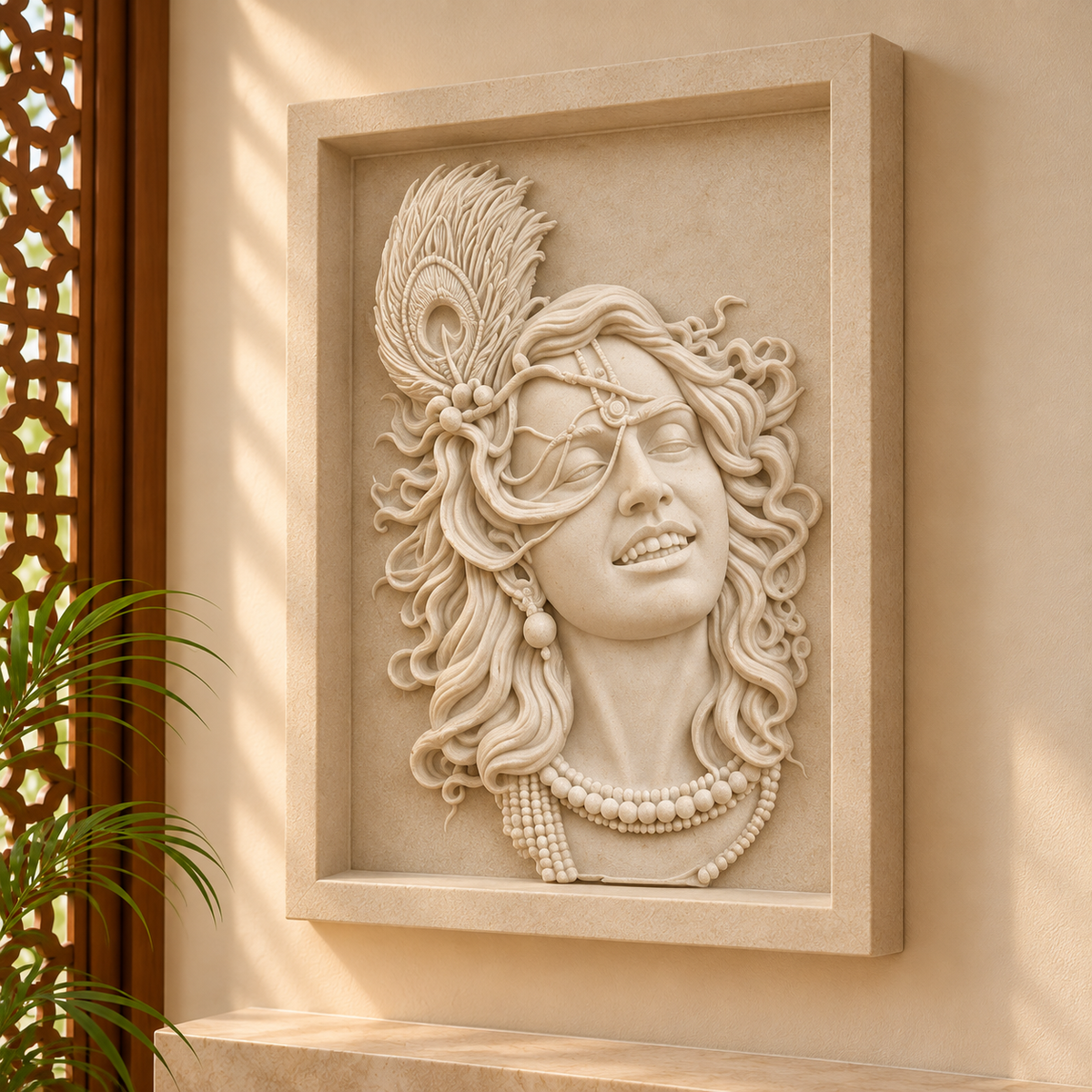 Hand-carved Shri Krishna marble murti, side view
