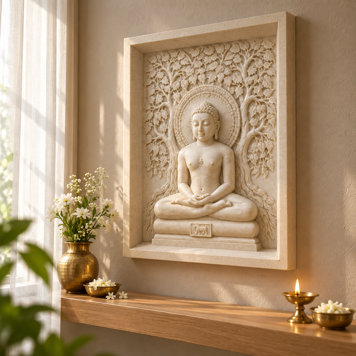 Hand-carved Bhagwan Mahaveer murti face detail