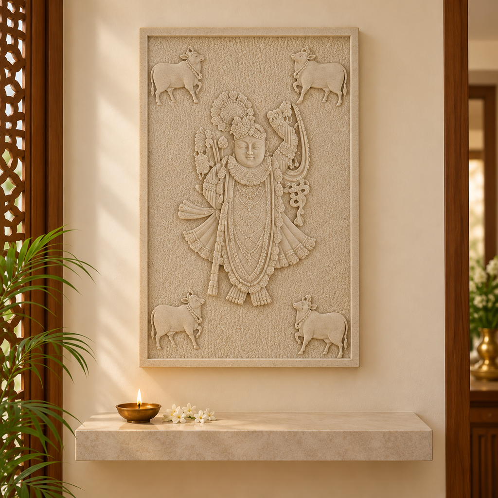 Hand-carved Shrinathji sandstone murti, side view
