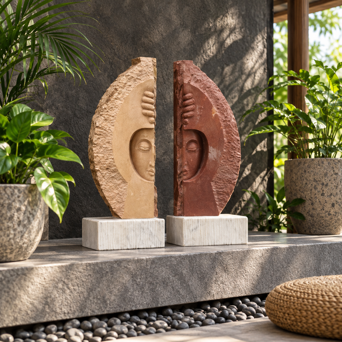 Pair of stone face sculptures in a living space