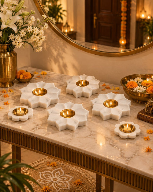 Large lotus diya in Banswara white marble with brass bowl