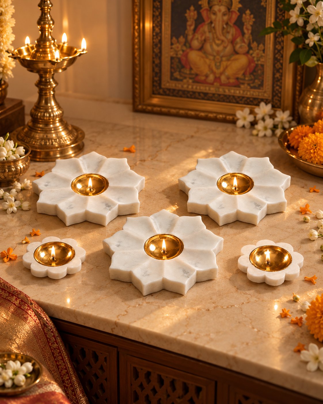 Carved marble lotus diya on a Diwali table