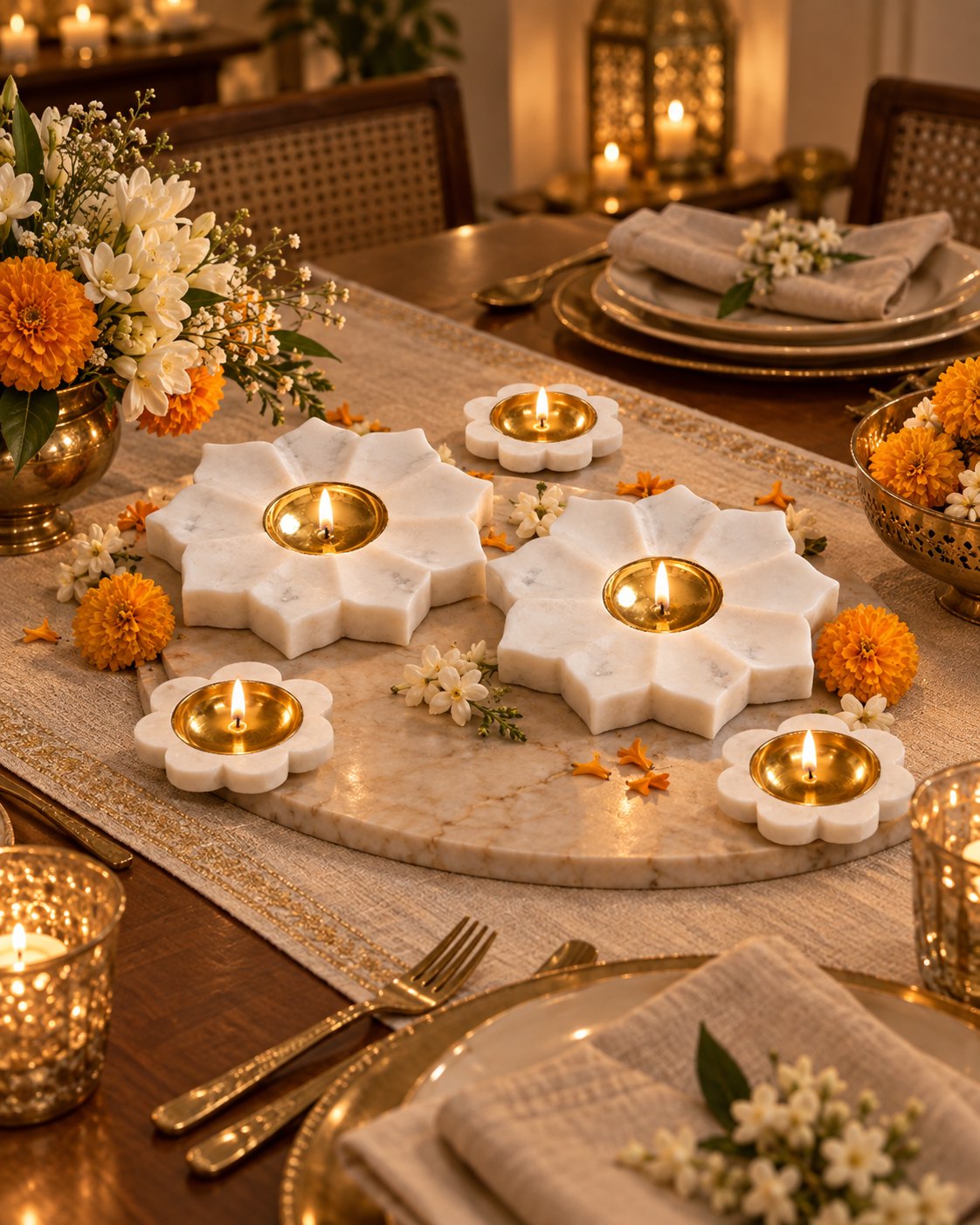 White marble diya with spun brass oil bowl