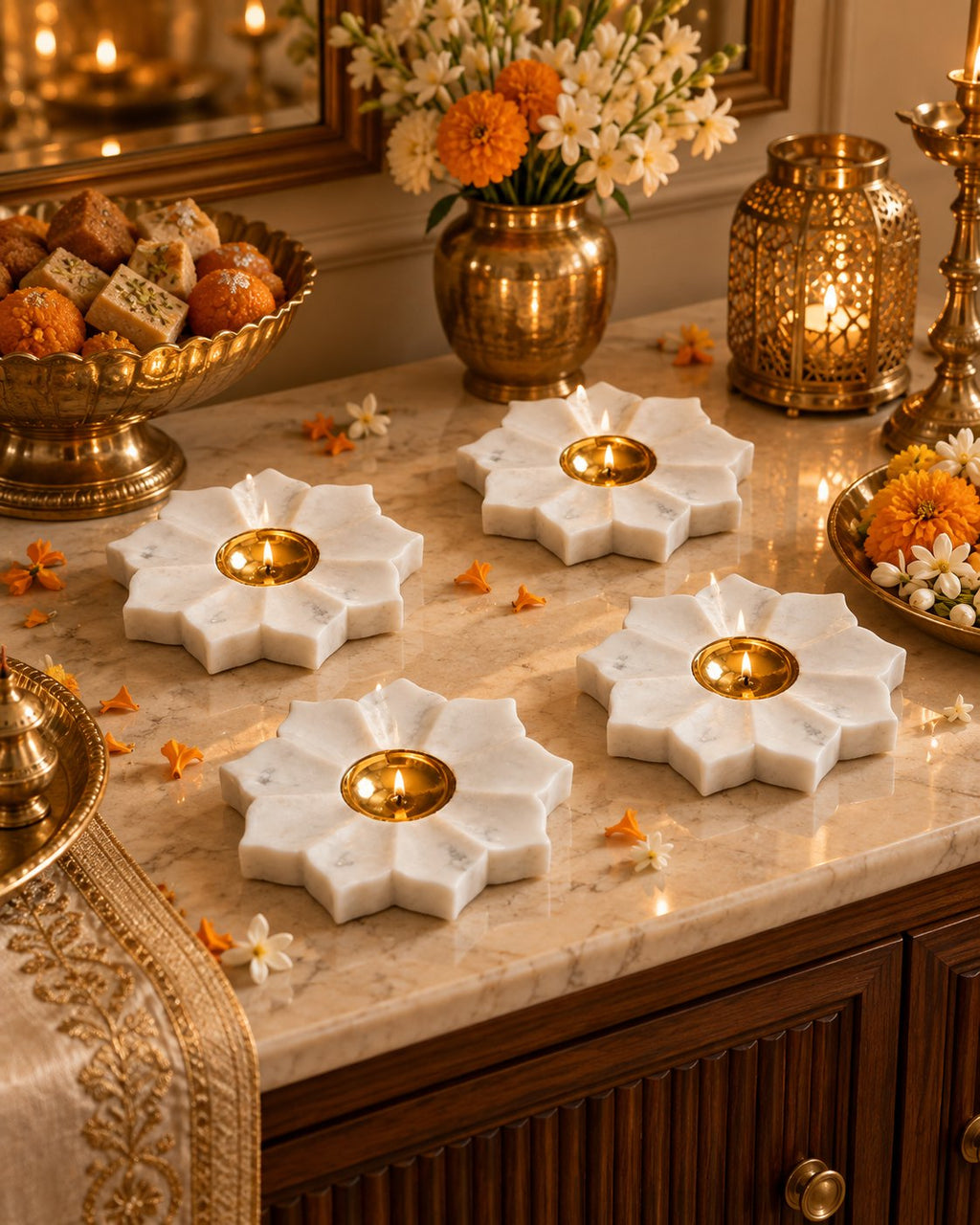 Lotus-cut marble diya lit with a tealight