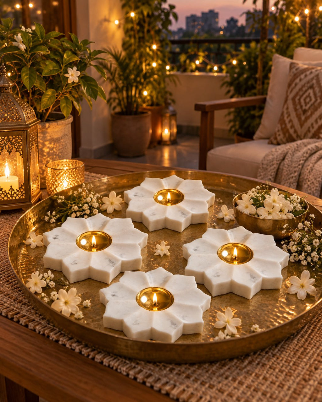 Hand-carved lotus diya centrepiece detail