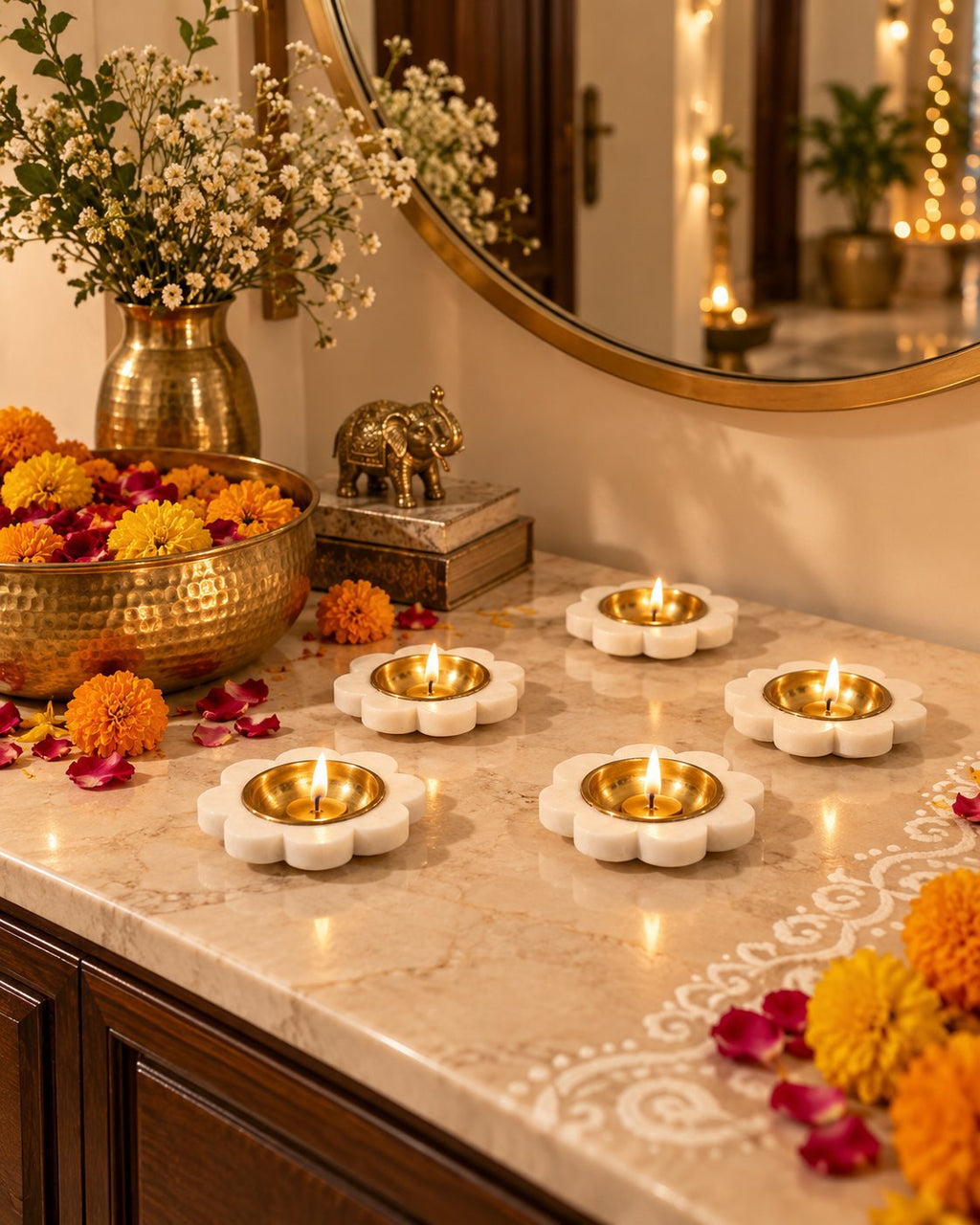 Small lotus diya in Banswara white marble with brass bowl