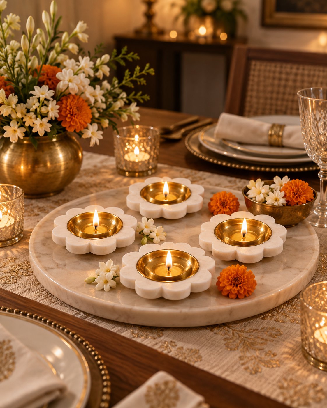 Small white marble diya with brass insert