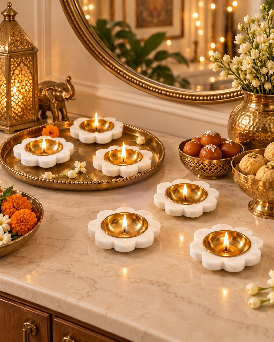 Lotus-cut small diya detail in white marble