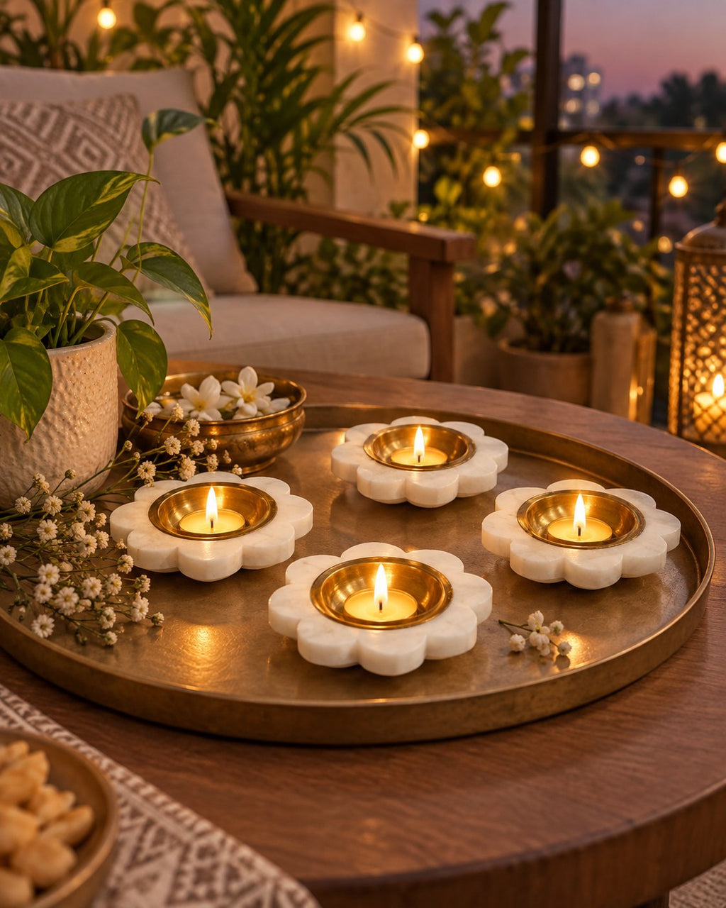 Set of small marble diyas lit for Diwali