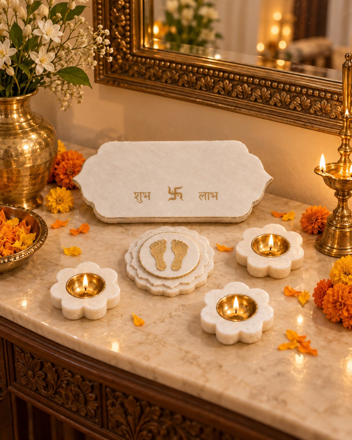 Shubh Labh pooja set in Banswara white marble