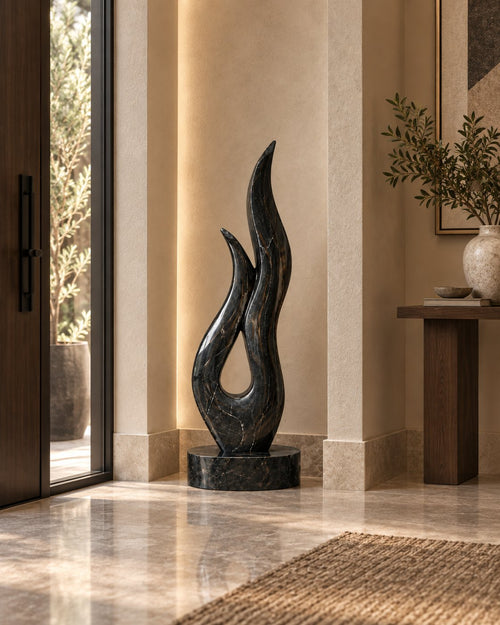 Flame abstract sculpture in Marine Black marble, 42 inches