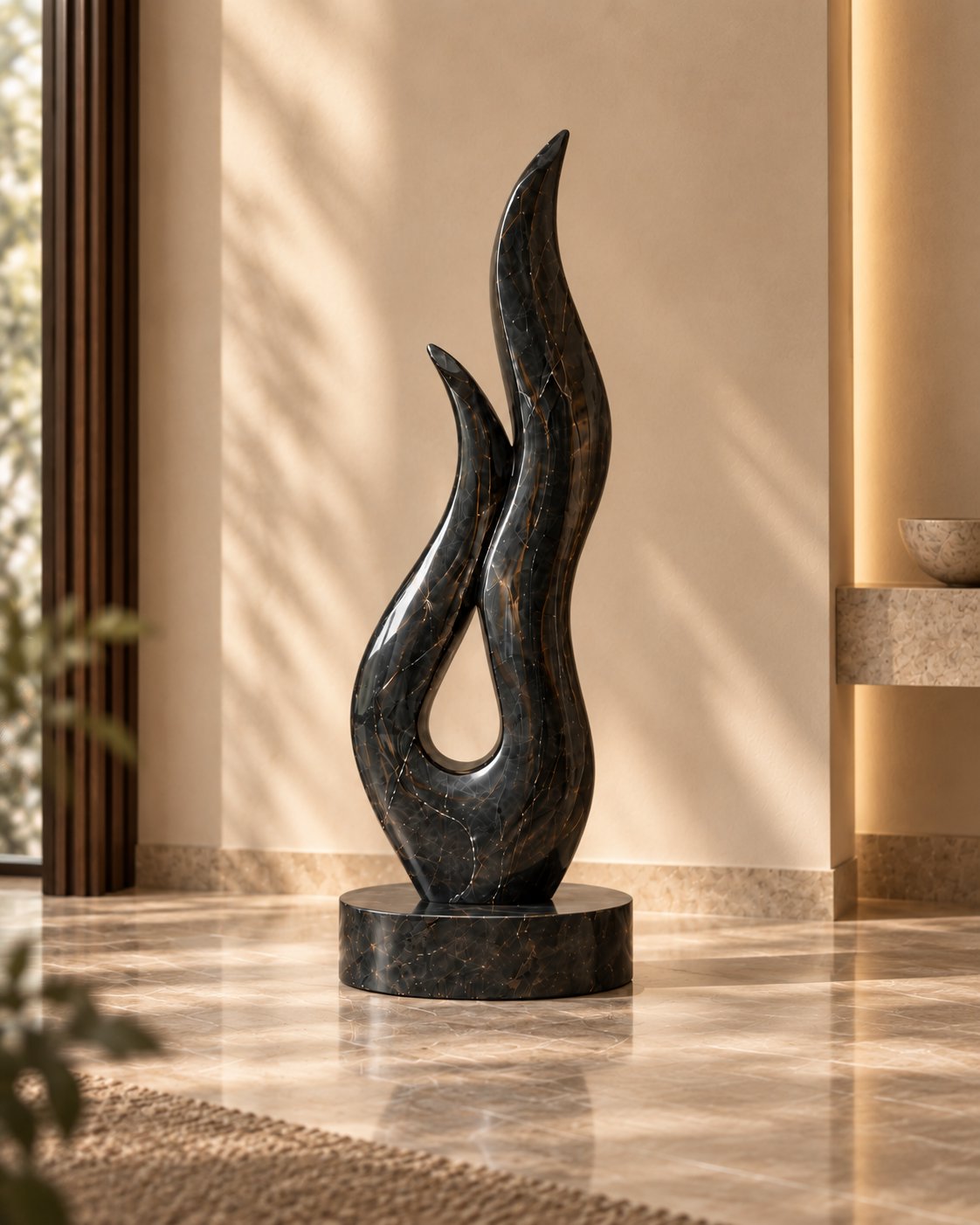 Hand-carved black marble flame sculpture detail