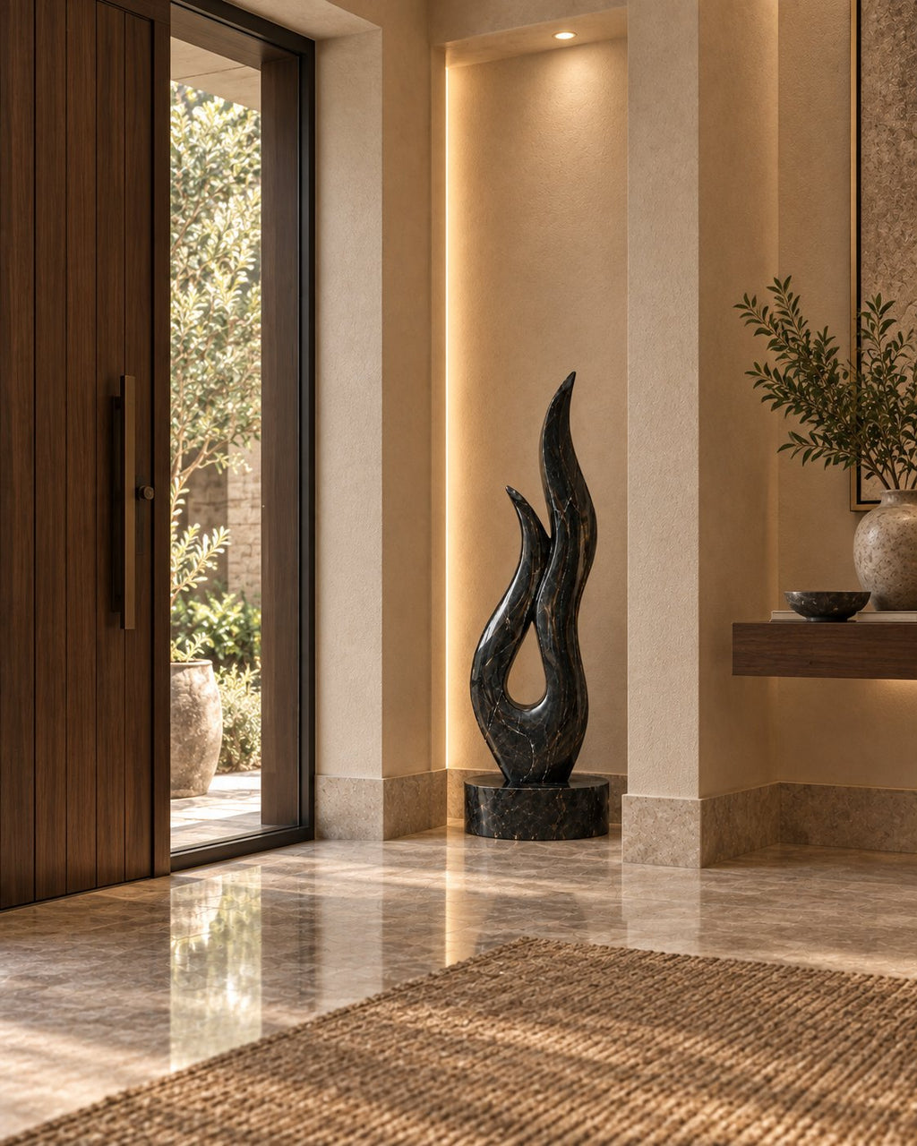 Floor-standing marble flame sculpture in a living room