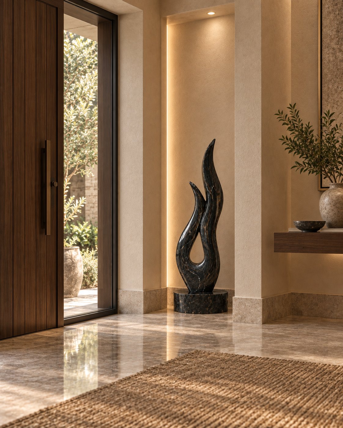 Floor-standing marble flame sculpture in a living room