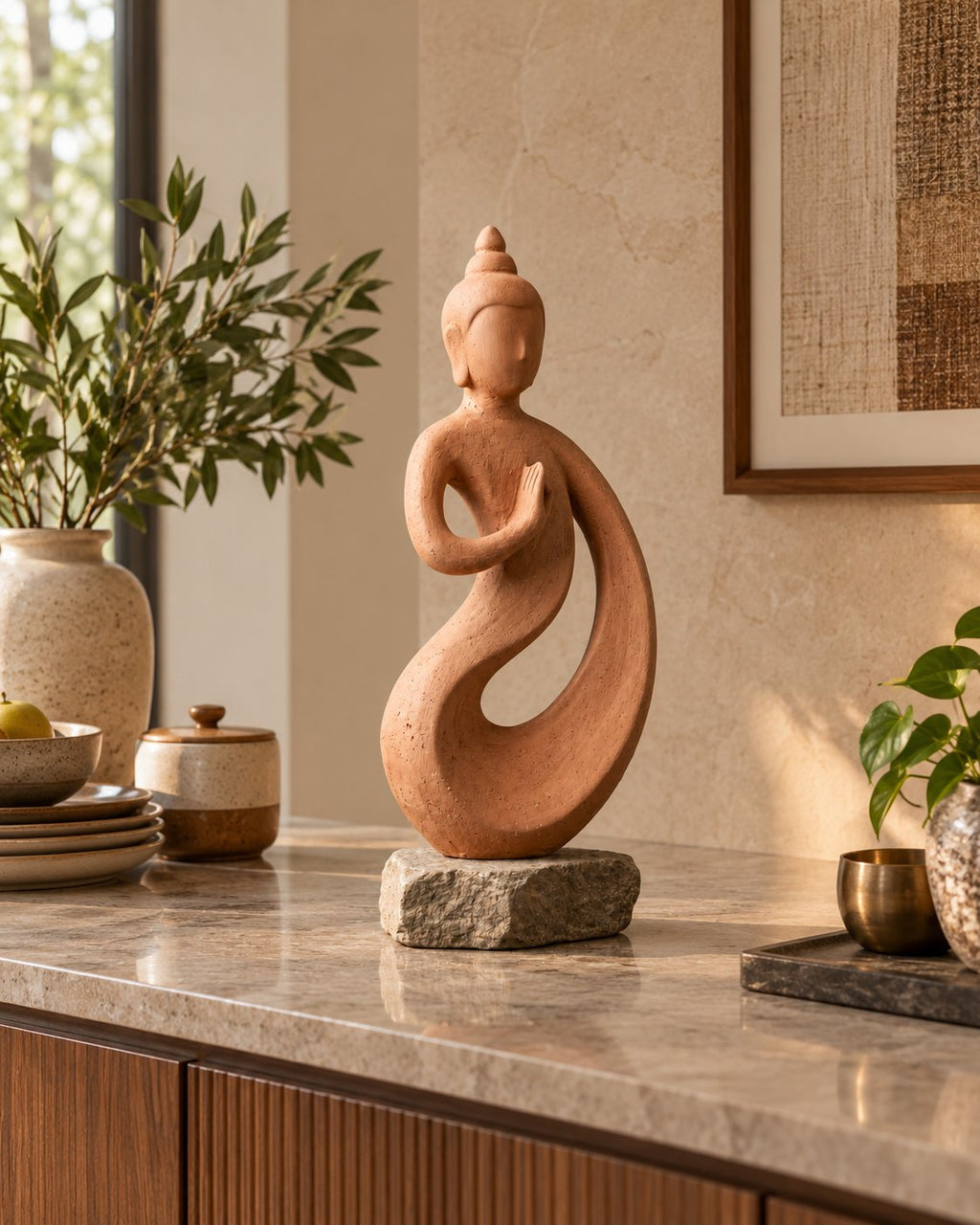 Sandstone meditating figure on a console table