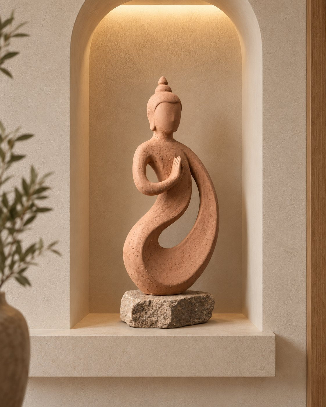 Hand-carved sandstone figure on rough stone plinth
