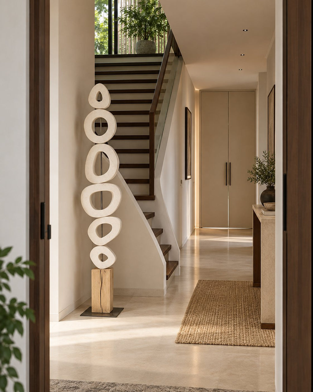 Stacked rings totem sculpture in Banswara marble, 5 feet