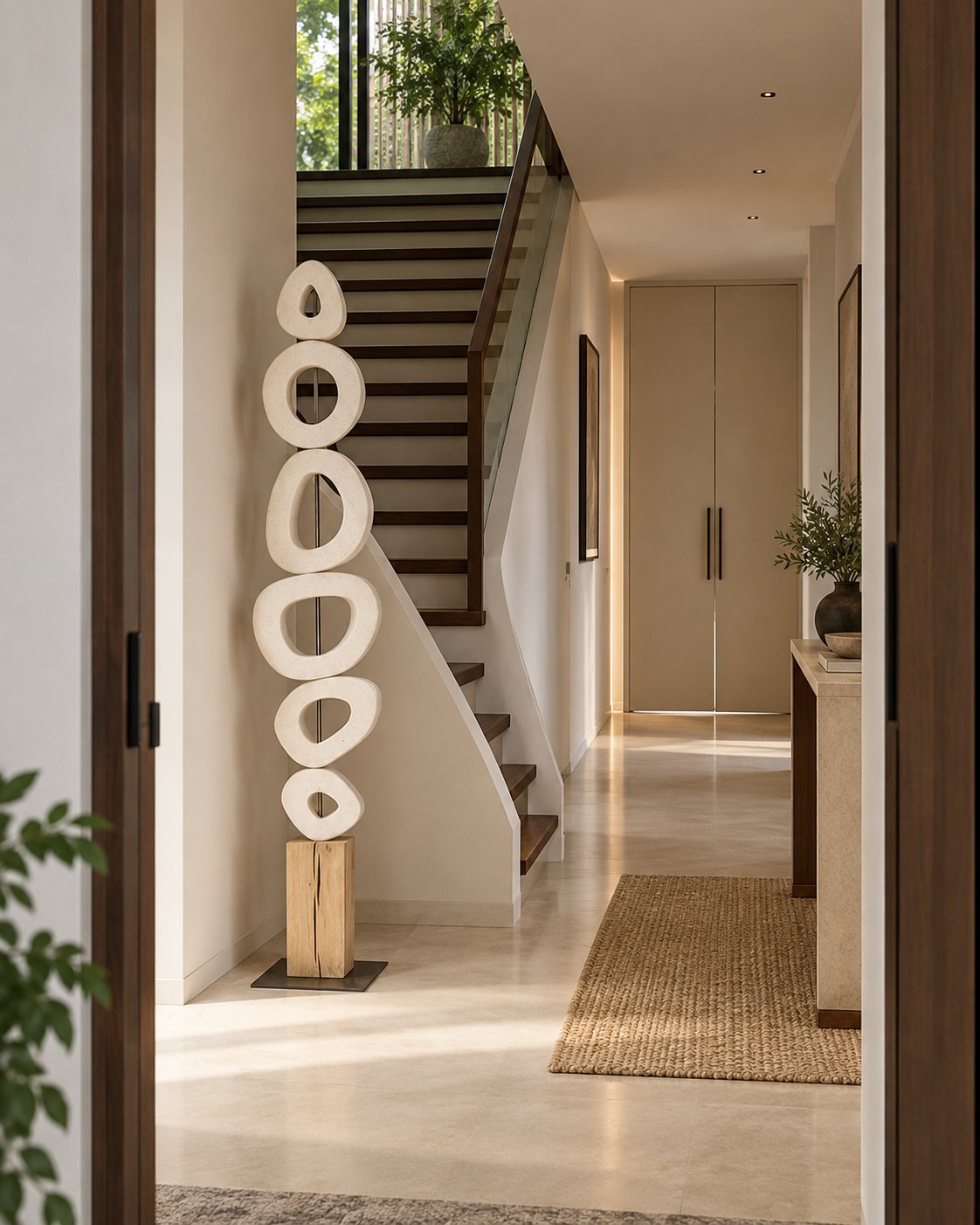 Stacked rings totem sculpture in Banswara marble, 5 feet