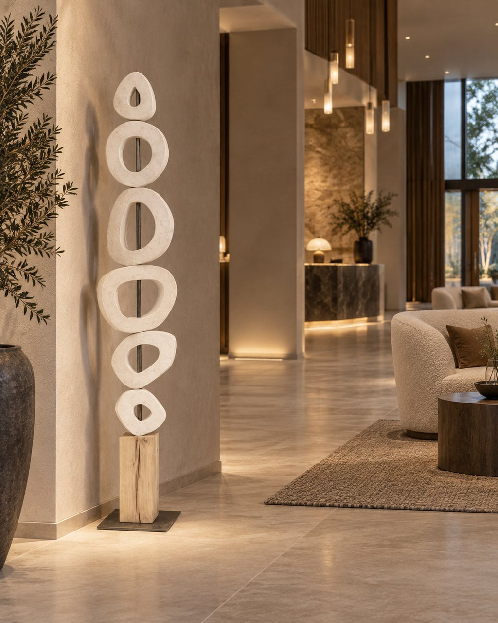 Matt Banswara marble totem beside a staircase