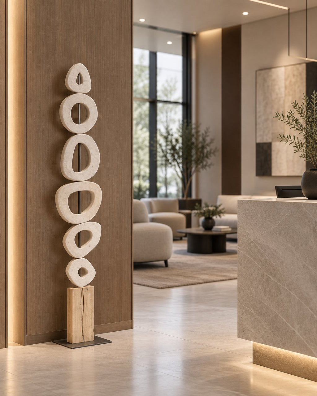 Carved open rings stacked into a slender column
