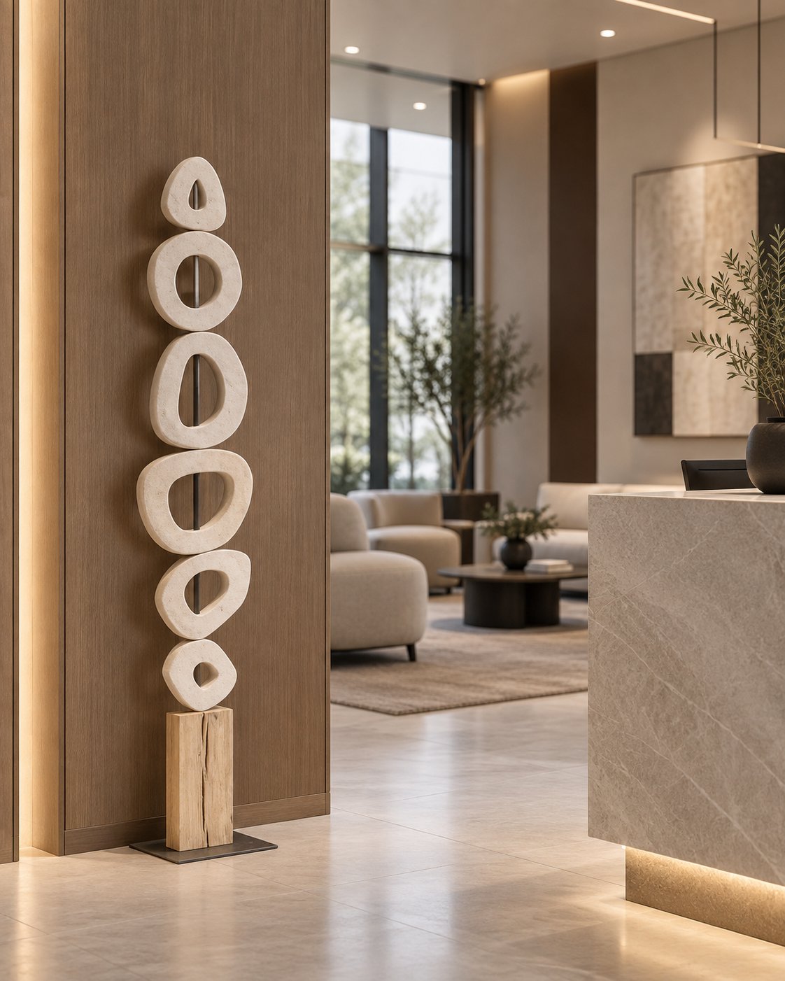 Carved open rings stacked into a slender column