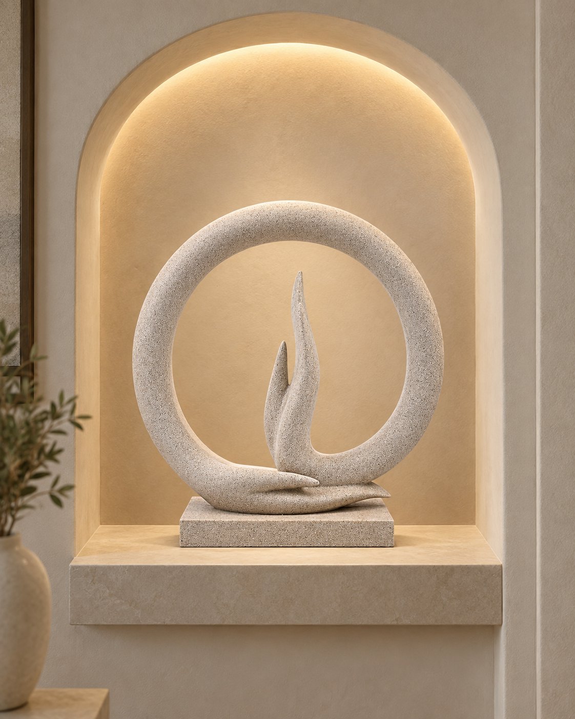 18 inch carved stone ring sculpture detail