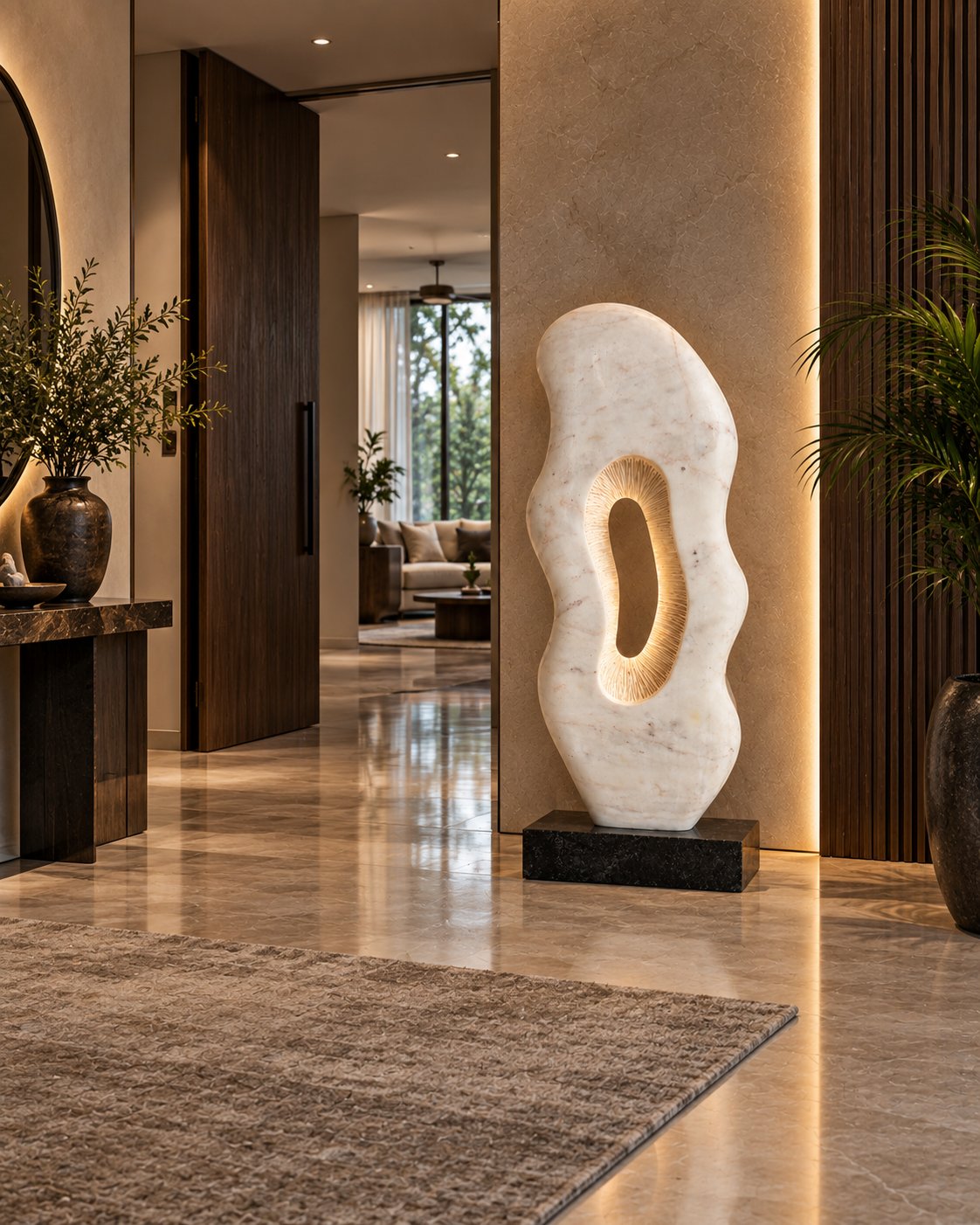 Aperture monolith sculpture in Panda Pink marble, 5 feet