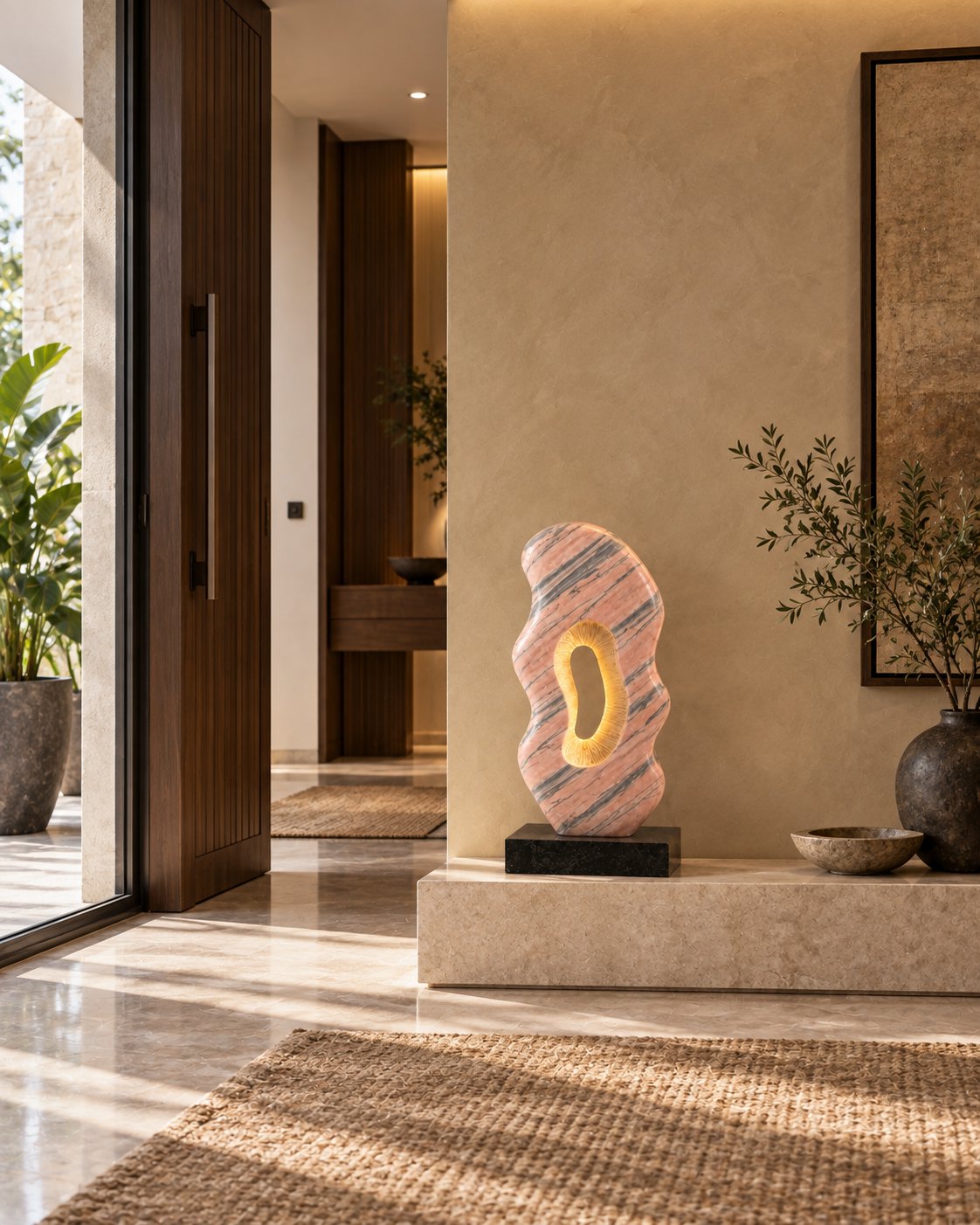 Aperture monolith sculpture in Cherry Gold marble, 2 feet