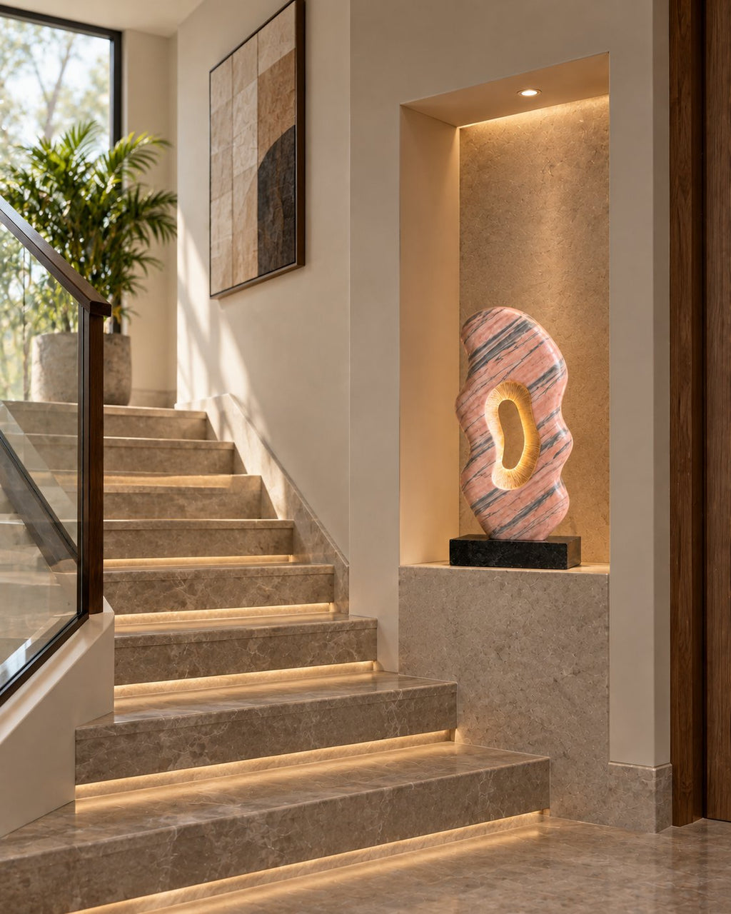 Rose and amber banded marble monolith in a hallway