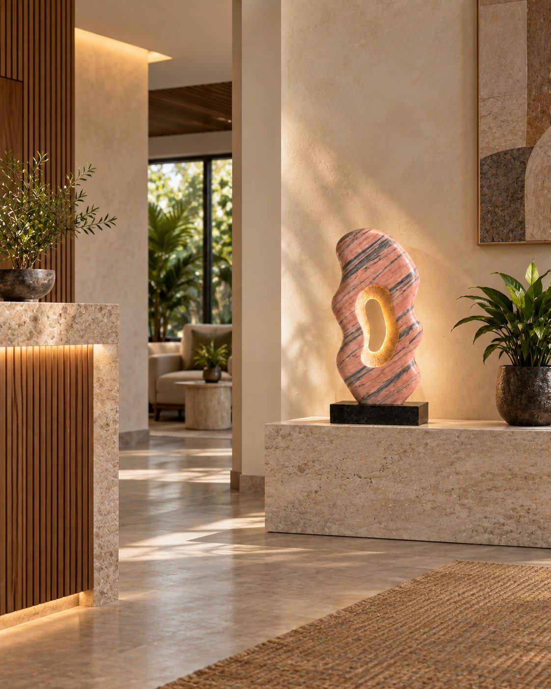 Backlit Cherry Gold marble sculpture detail