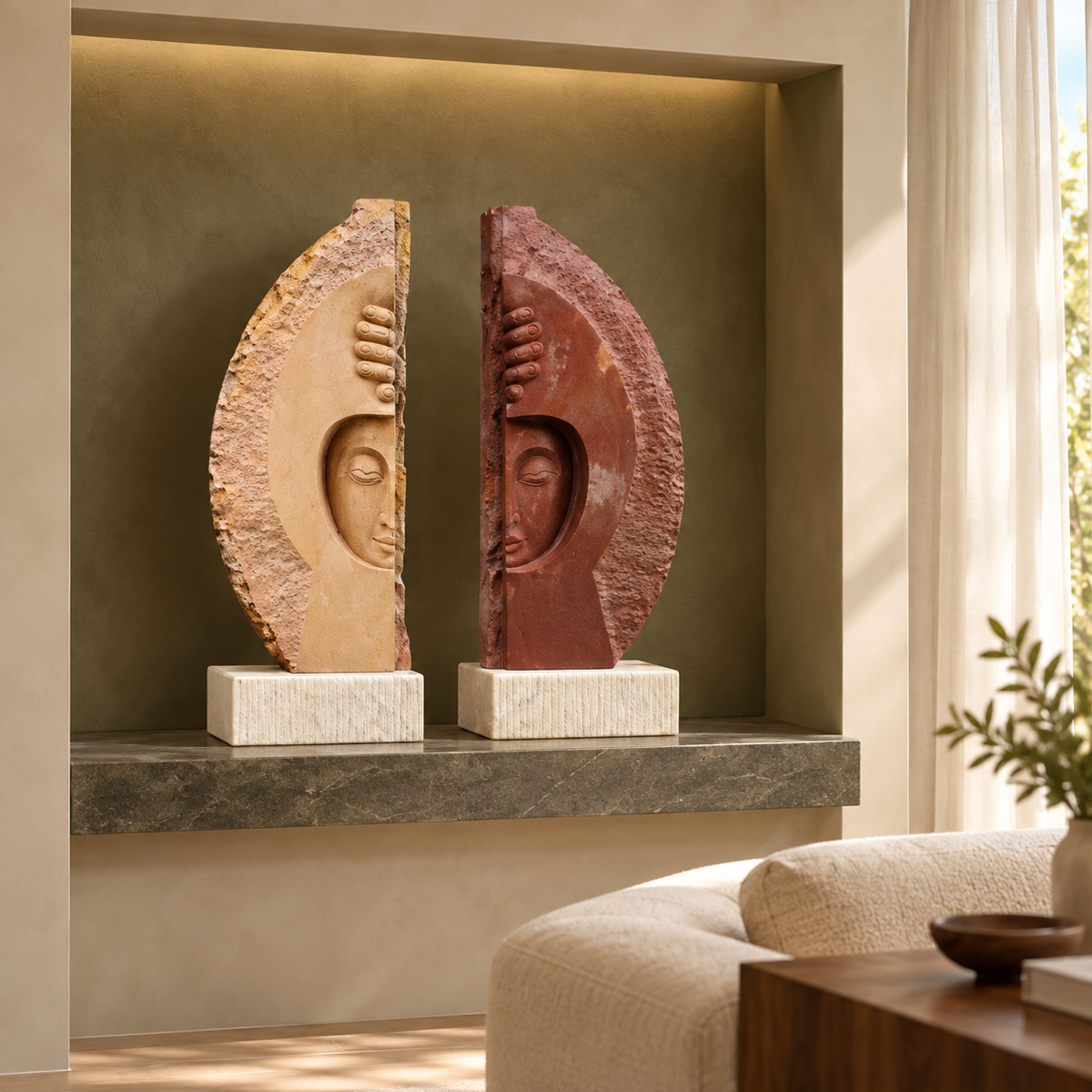 Facing sandstone panels with carved profiles in low relief