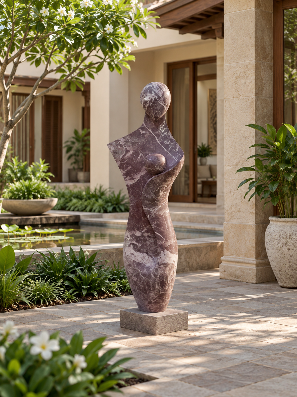 Two figures carved as one leaning curve in marble