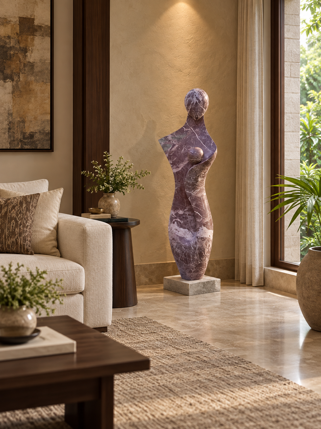 Hand-carved mother and child sculpture in Cherry Gold marble