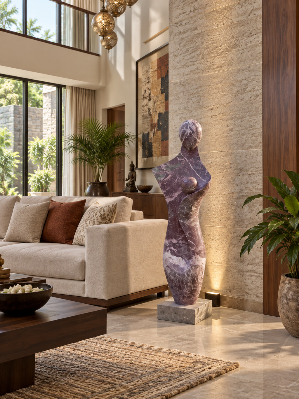 Mother and child stone sculpture in a living room