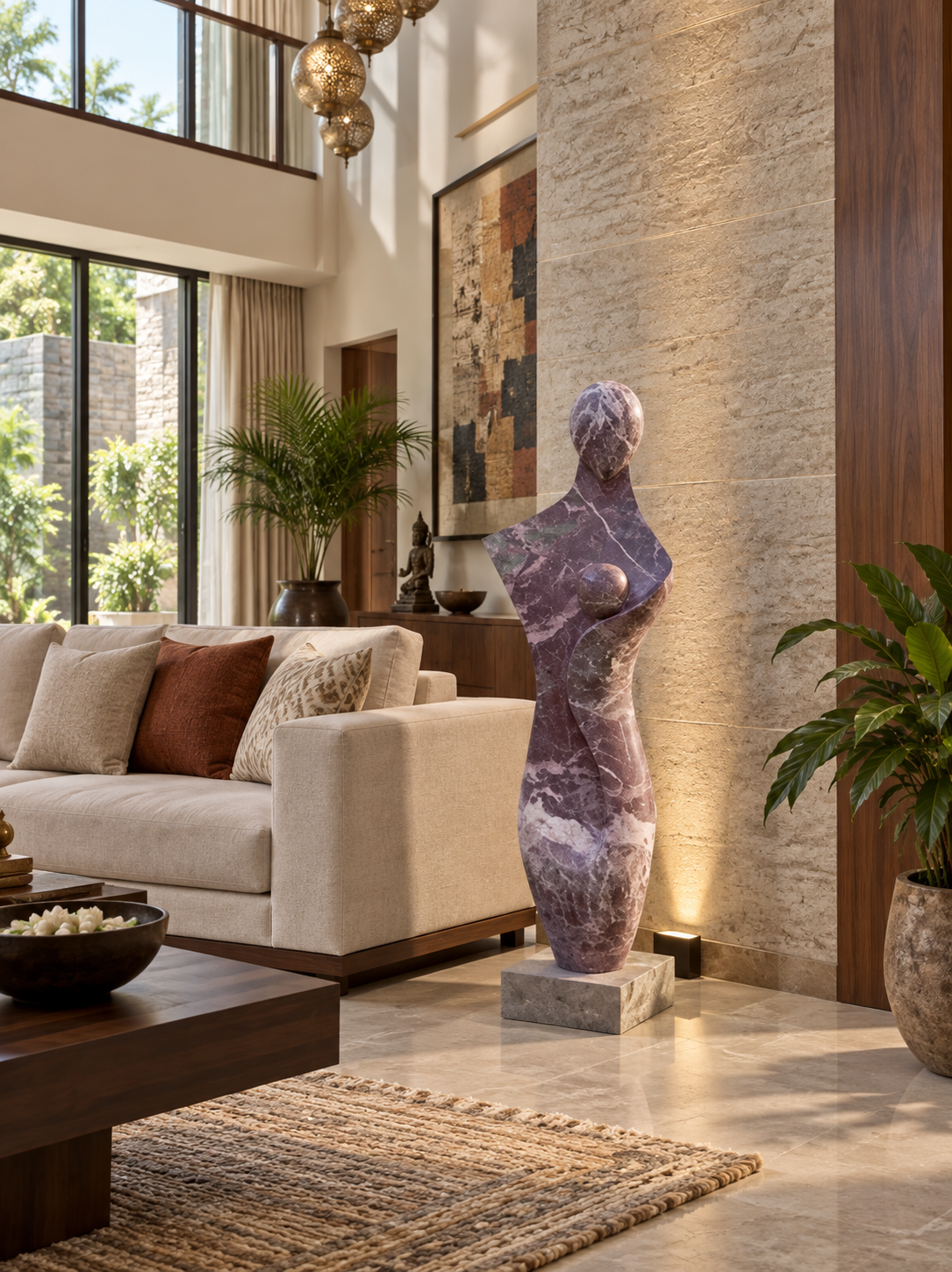 Mother and child stone sculpture in a living room