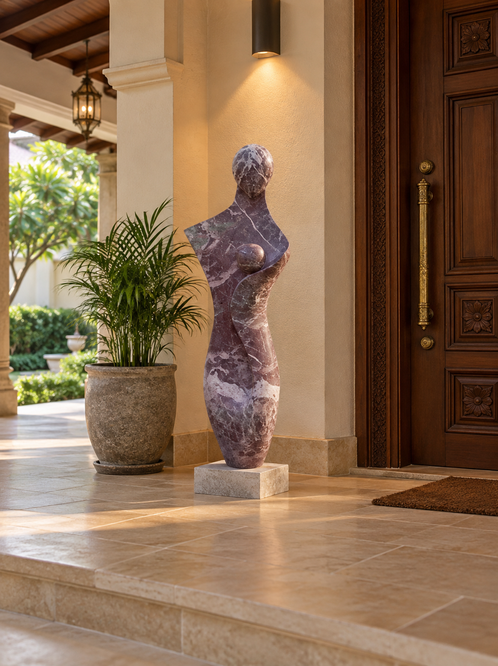 Floor-standing mother and child marble sculpture